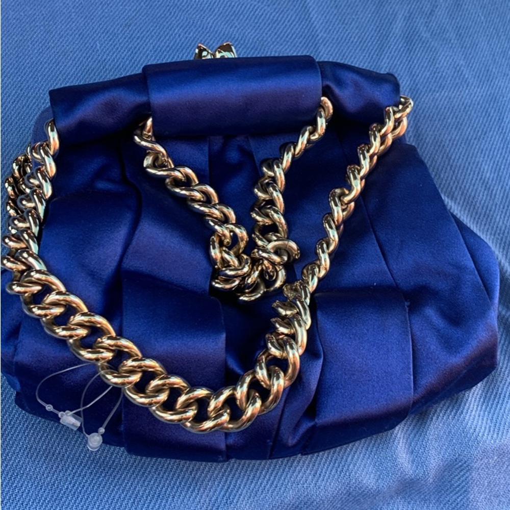 Christian Louboutin Royal Blue Satin Clutch with Gold Chain